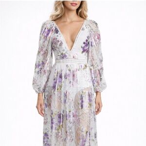 Floral Lace V-Neck Maxi Dress in White and Lavender